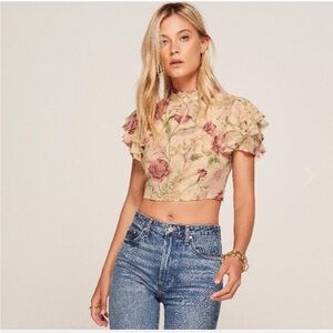 Reformation Floral Ruffle Blouse - Pink and Green